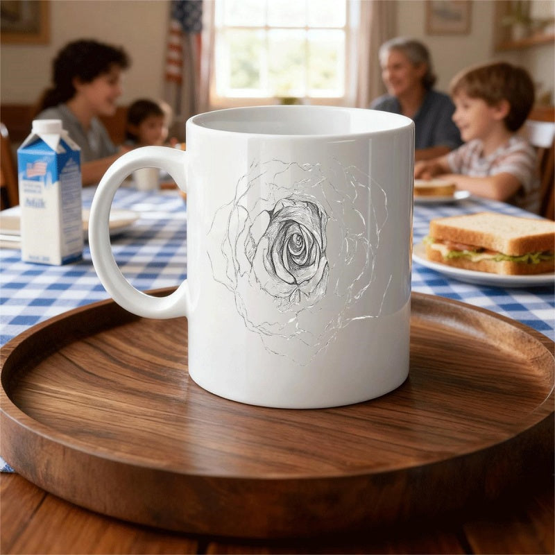 Tailorly White Ceramic 11 oz Mug - Sketchy Artistic Line Drawing Of A Delicate Blooming Petal Rose