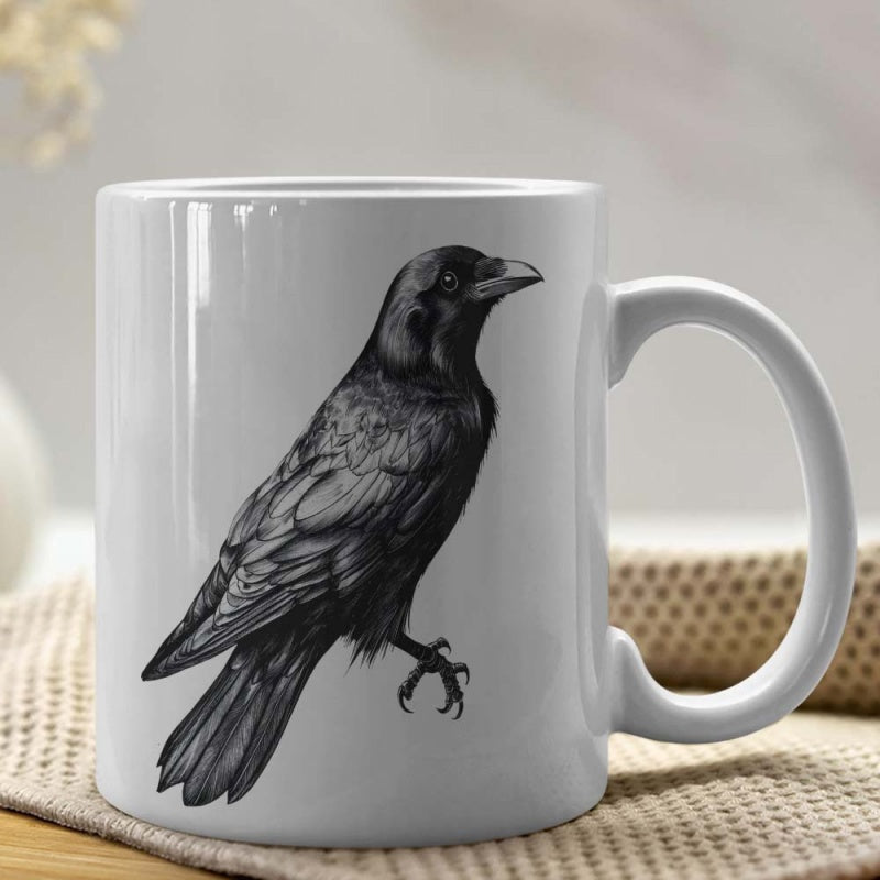 Tailorly White Ceramic 11 oz Mug - Detailed Black And White Illustration Of A Standing Majestic Gothic Style Raven