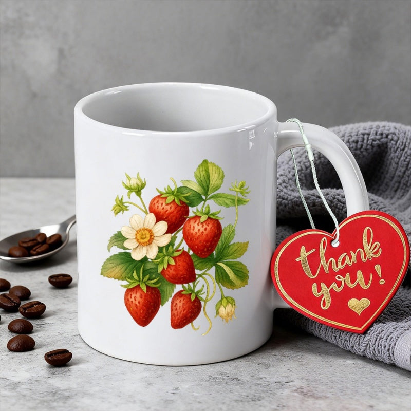Tailorly White Ceramic 11 oz Mug - Thank You Realistic Red Strawberries With Delicate White Blossoms And Green Leaves Strawberry