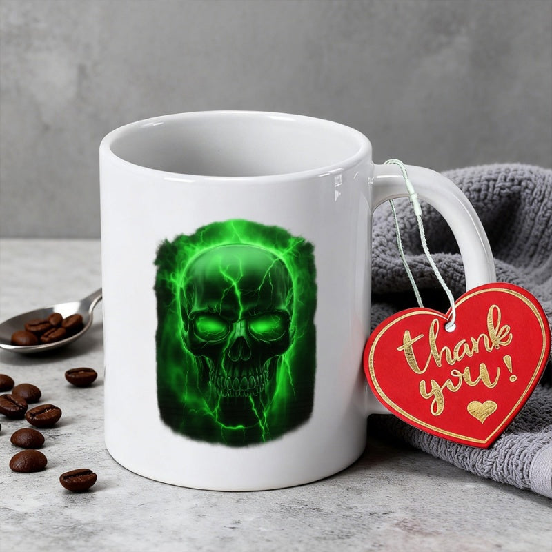 Tailorly White Ceramic 11 oz Mug - Glowing Green Energy Mist Surrounding A Dark Ominous Electric Skull