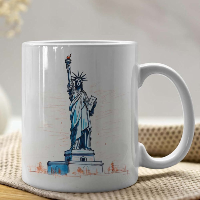Tailorly White Ceramic 11 oz Mug - Artistic Hand Drawn Sketch Featuring The Iconic New York Landmark Statue