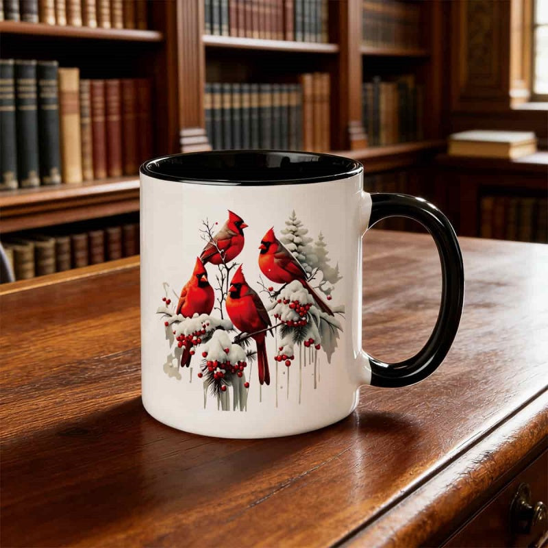 Tailorly Black Accent 11 oz Mug - red bird with winter snowy berries