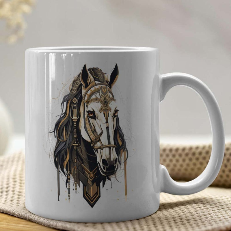 Tailorly White Ceramic 11 oz Mug - Ornate Fantasy Animal Profile With Golden Jewelry Elements And Flowing Mane Horse