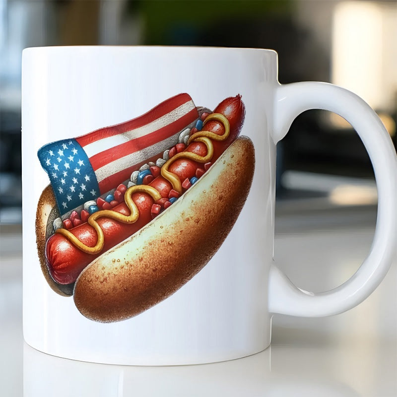 Tailorly White Ceramic 11 oz Mug - Patriotic American Flag Design Featuring A Delicious Mustard Drizzled Sausage Hot Dog