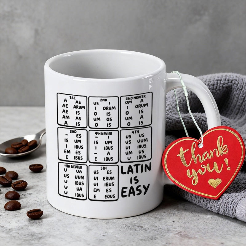 Tailorly White Ceramic 11 oz Mug - Latin Is Easy Educational Grid With Grammar Charts Displayed On A