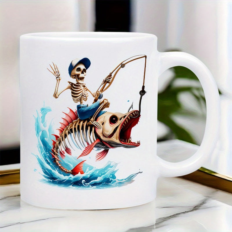 Tailorly White Ceramic 11 oz Mug - Skeleton Wearing Blue Cap Riding A Leaping Giant Bone Fish Over Water Skeleton