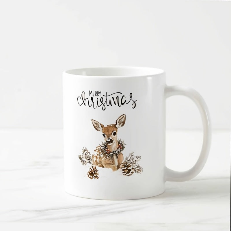 Tailorly White Ceramic 11 oz Mug - Merry Christmas Hand Painted Watercolor Fawn Wearing Wreath With Festive Winter Pine Cones Deer