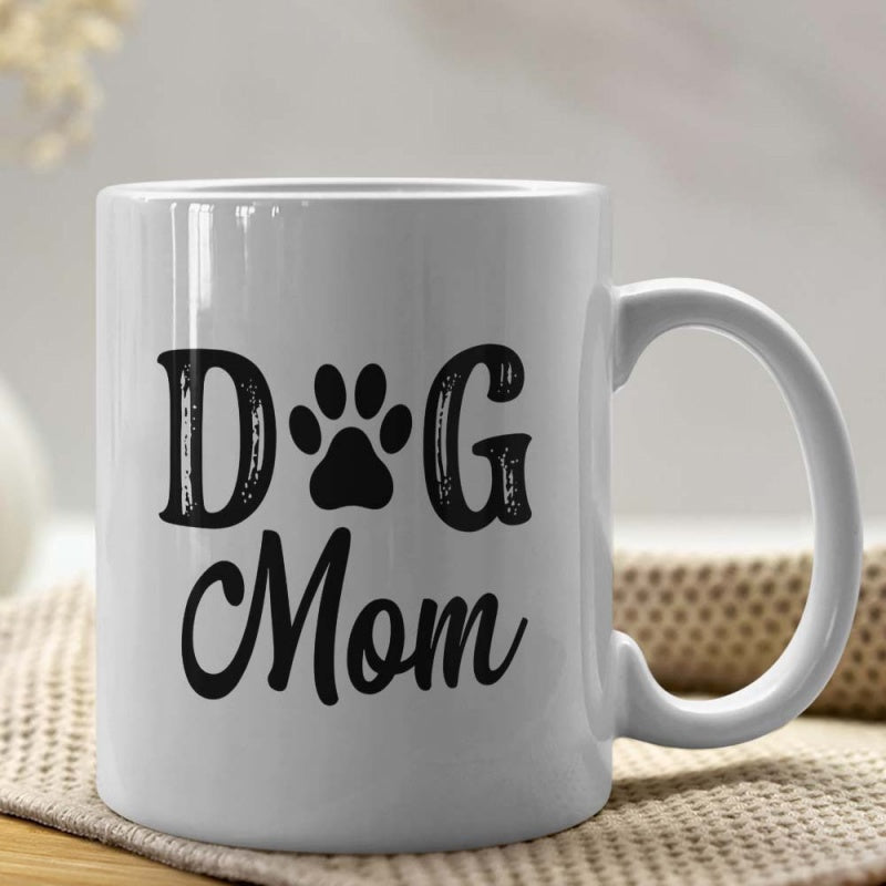 Tailorly White Ceramic 11 oz Mug - Dog Mom Stylized Distressed Serif Letters And Minimalist Black Animal Paw Print Mug