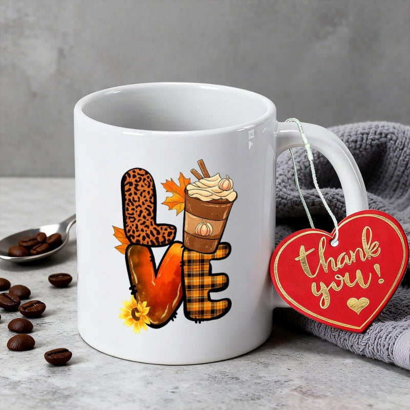 Tailorly White Ceramic 11 oz Mug - Love Warm Autumn Leaves With Leopard Print And Plaid Textures Featuring Coffee Mug