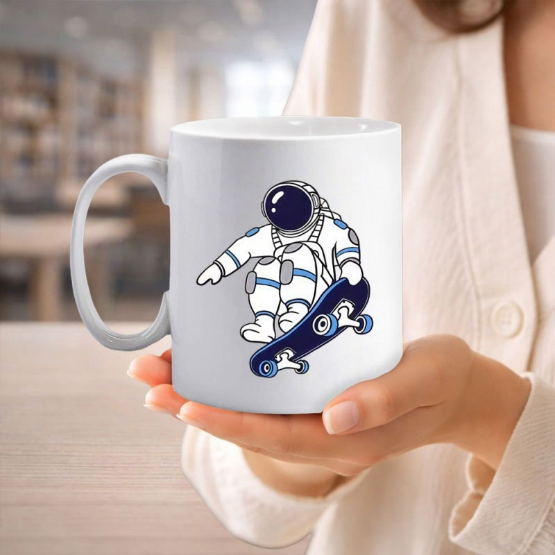 Tailorly White Ceramic 11 oz Mug - Cool Space Traveler Cruising On A Dark Blue Skateboard Floating Figure Astronaut