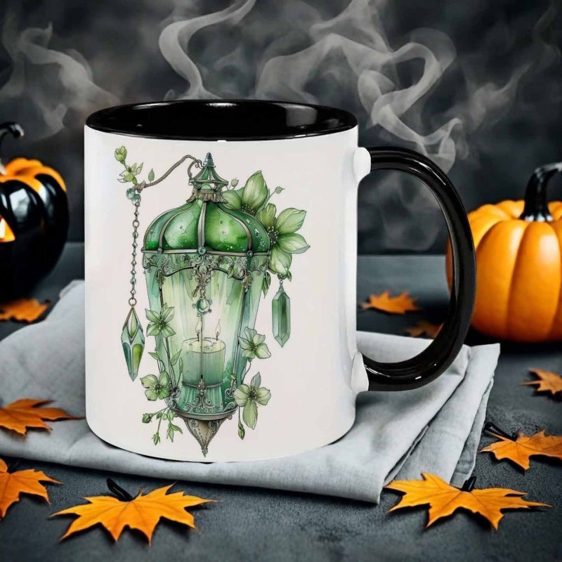 Tailorly Black Accent 11 oz Mug - green leaf lantern watercolor style