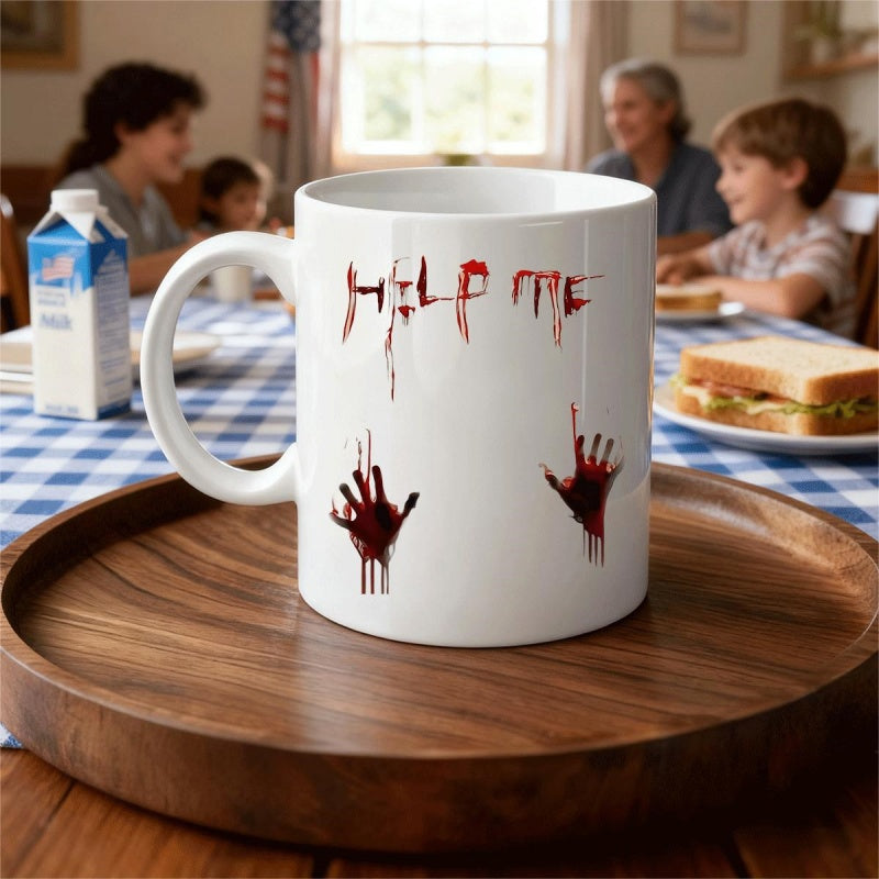 Tailorly White Ceramic 11 oz Mug - Help Me Spooky Red Dripping Blood Spatter With Creepy Horror Handprints Mug