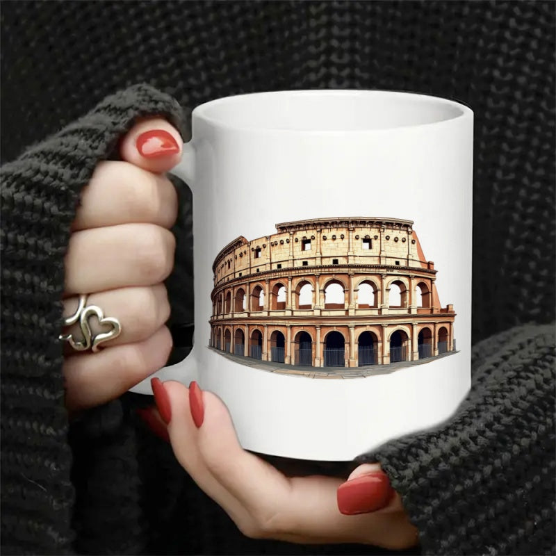 Tailorly White Ceramic 11 oz Mug - Historic Roman Landmark Architecture Featuring Arched Stone Walls Monumental Colosseum