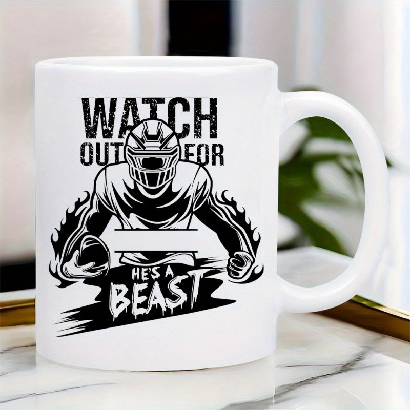 Tailorly White Ceramic 11 oz Mug - Watch Out For He Is A Beast Strong Charging Silhouette With Flaming Aura Holding A Sporty Ball Football Player