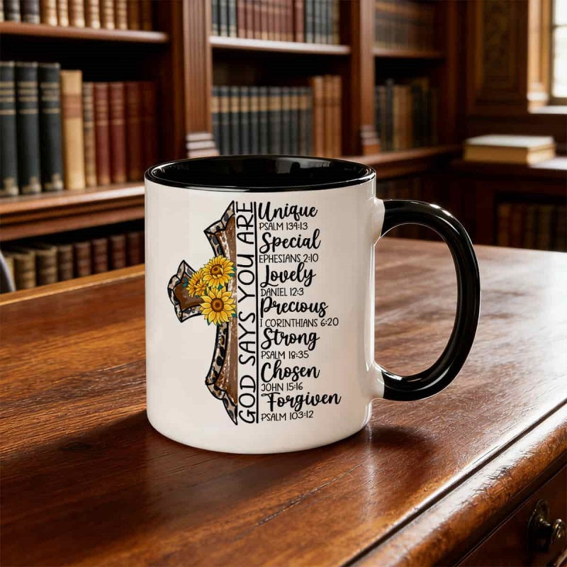 Tailorly Black Accent 11 oz Mug - sunflower cross design