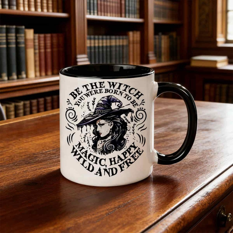 Tailorly Black Accent 11 oz Mug - wide brimmed hat witch hat design with intricate swirls