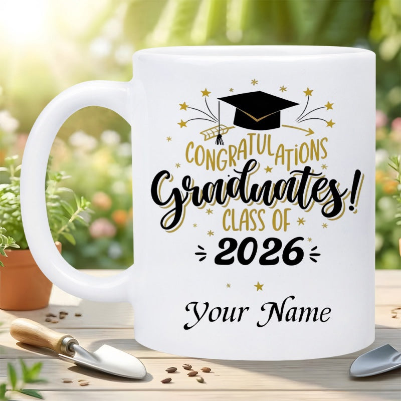 Tailorly White Ceramic 11 oz Mug - Congratulations Graduates Class Of 2026 Your Name Black Academic Cap Featuring Golden Sparkling Stars And Radiant Accents