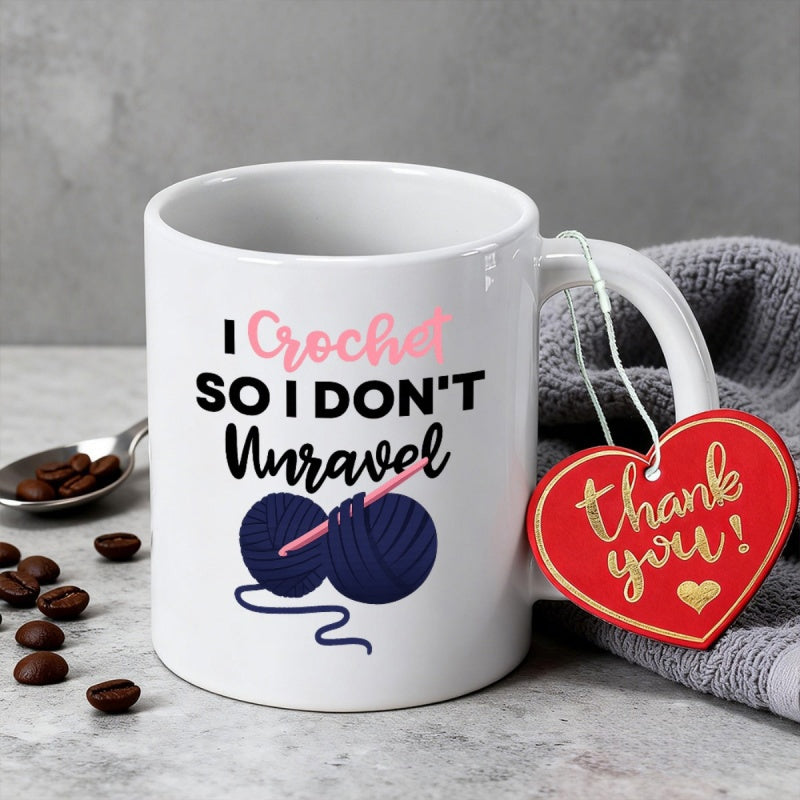 Tailorly White Ceramic 11 oz Mug - I Crochet So I Dont Unravel Two Dark Blue Yarn Balls With A Pink Crochet Hook Mug
