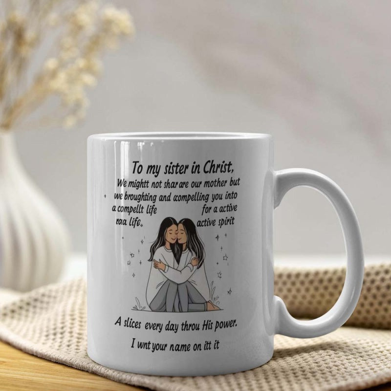 Tailorly White Ceramic 11 oz Mug - To My Sister In Christ Two Loving Girls Hugging Closely Surrounded By Small Decorative Stars Sisters