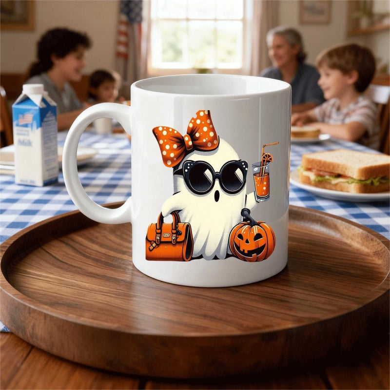 Tailorly White Ceramic 11 oz Mug - Fashionable Little Halloween Spirit Wearing Sunglasses And Polka Dot Bow Ghost