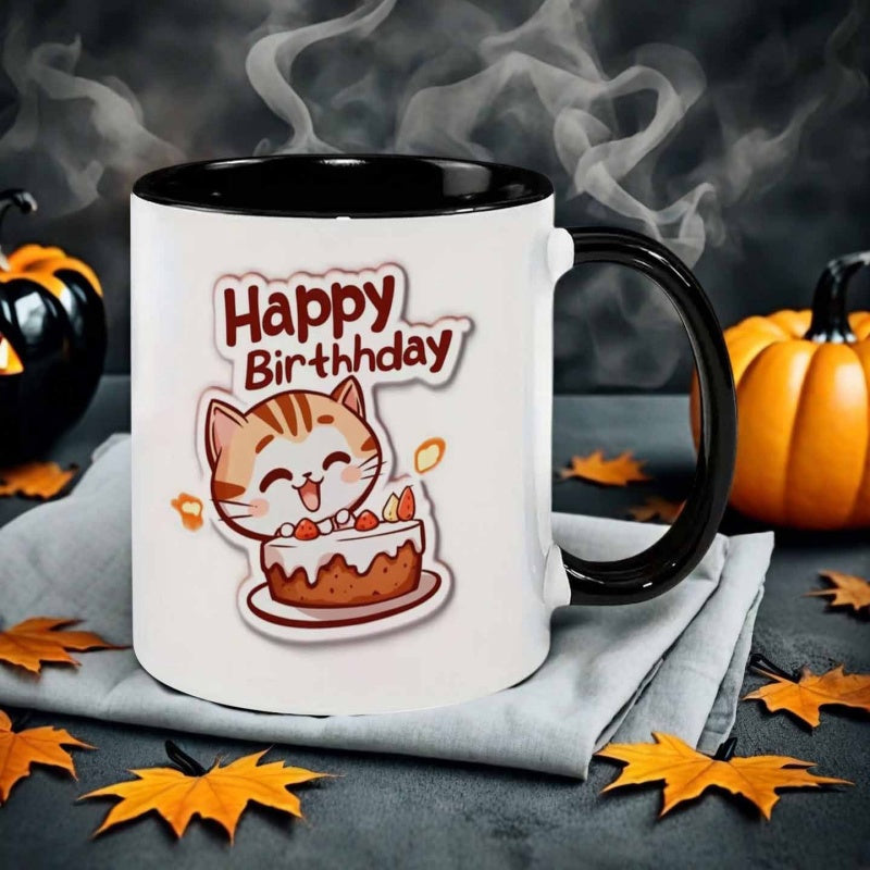 Tailorly Black Accent 11 oz Mug - cat with birthday cake