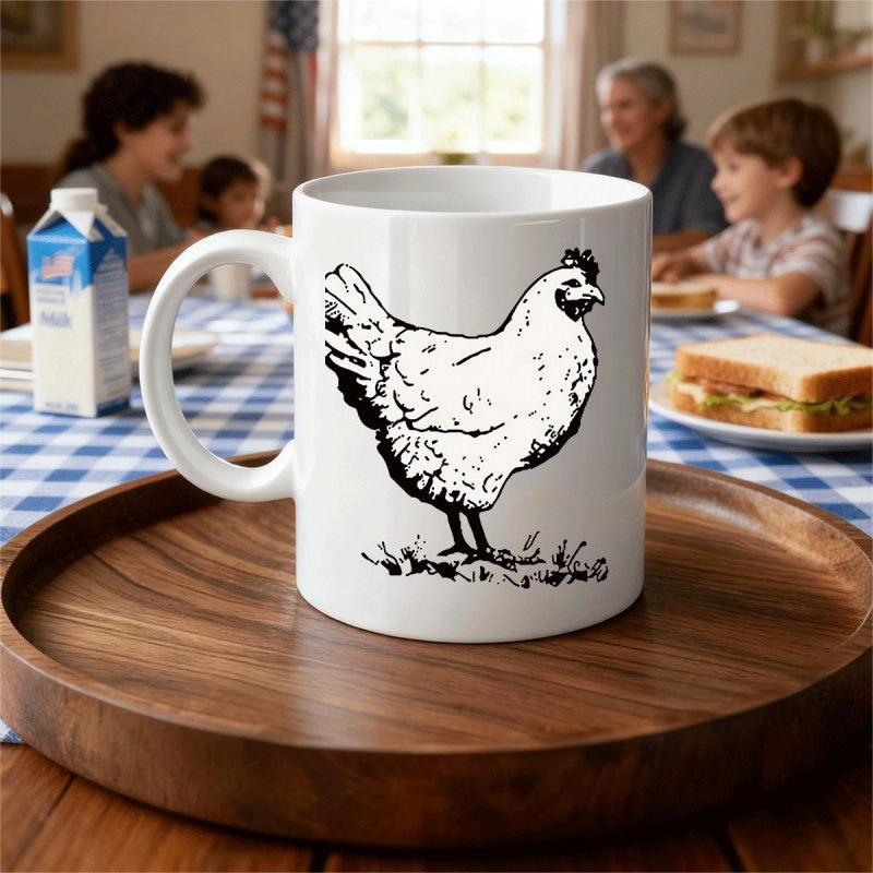 Tailorly White Ceramic 11 oz Mug - Vintage Farmhouse Style Black Ink Illustration Of A Standing Rustic Chicken
