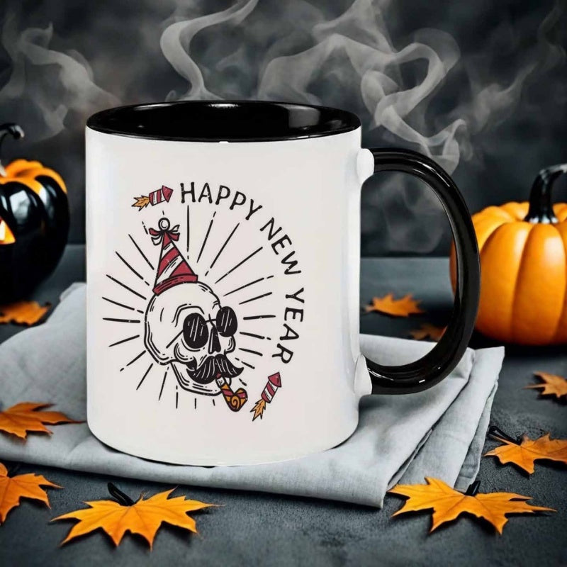 Tailorly Black Accent 11 oz Mug - vintage style new year skeleton