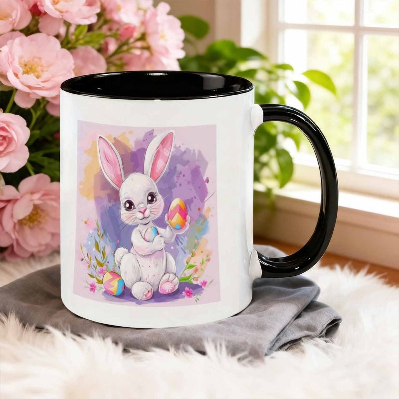 Tailorly Black Accent 11 oz Mug - white rabbit holding an egg