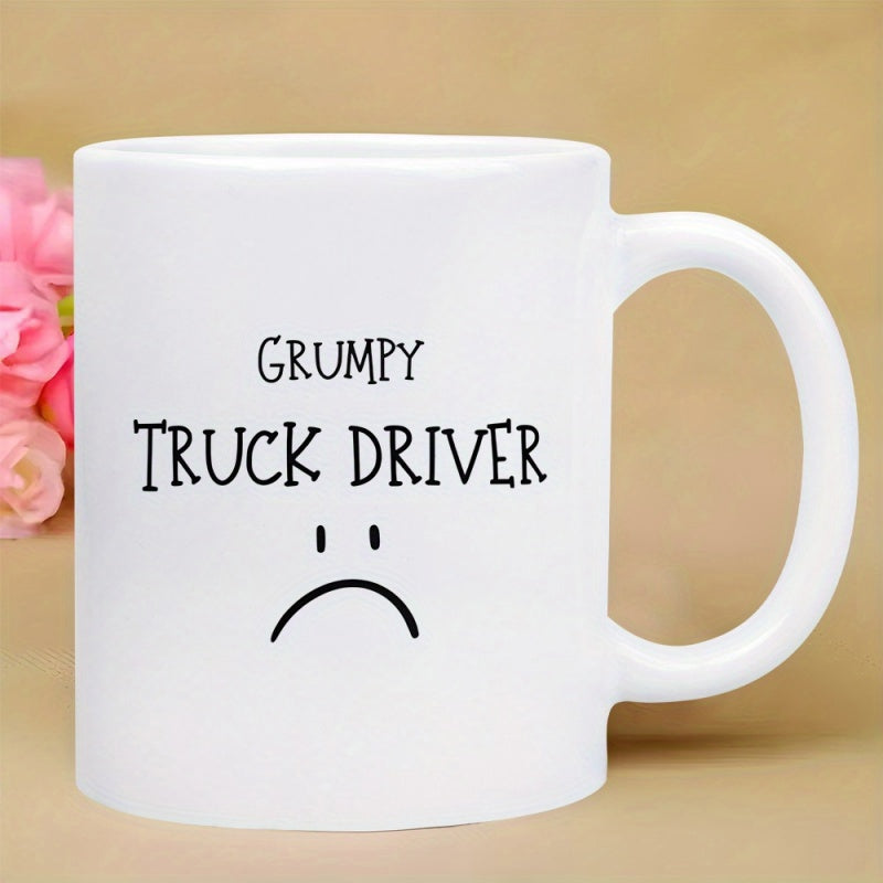 Tailorly White Ceramic 11 oz Mug - Grumpy Truck Driver Minimalist Black Line Art Showing A Sad Frowning Expression Face