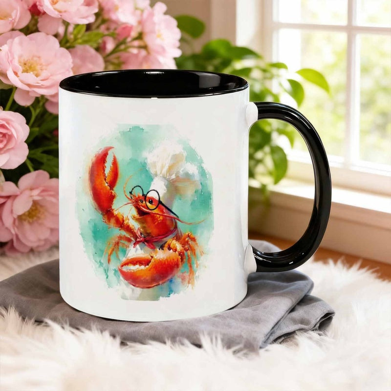 Tailorly Black Accent 11 oz Mug - watercolor style lobster dressed as chef