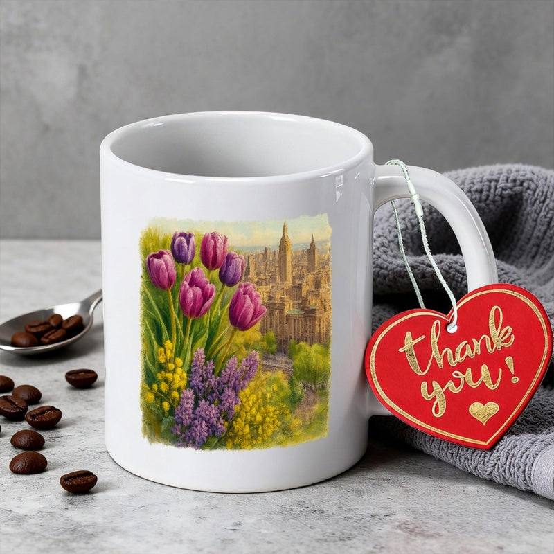 Tailorly White Ceramic 11 oz Mug - Thank You Vibrant Purple Blossoms Blooming In A Sunny Garden Near Ancient City Tulips
