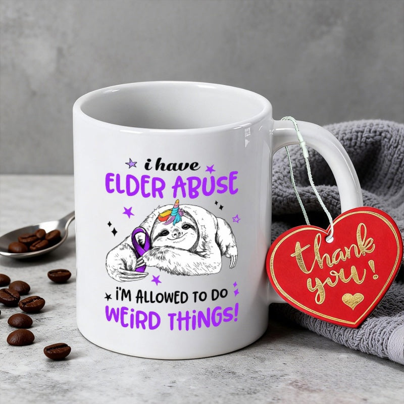 Tailorly White Ceramic 11 oz Mug - I Have Elder Abuse Im Allowed To Do Weird Things Adorable Slothicorn Wearing Rainbow Horn Holding Purple Awareness Ribbon