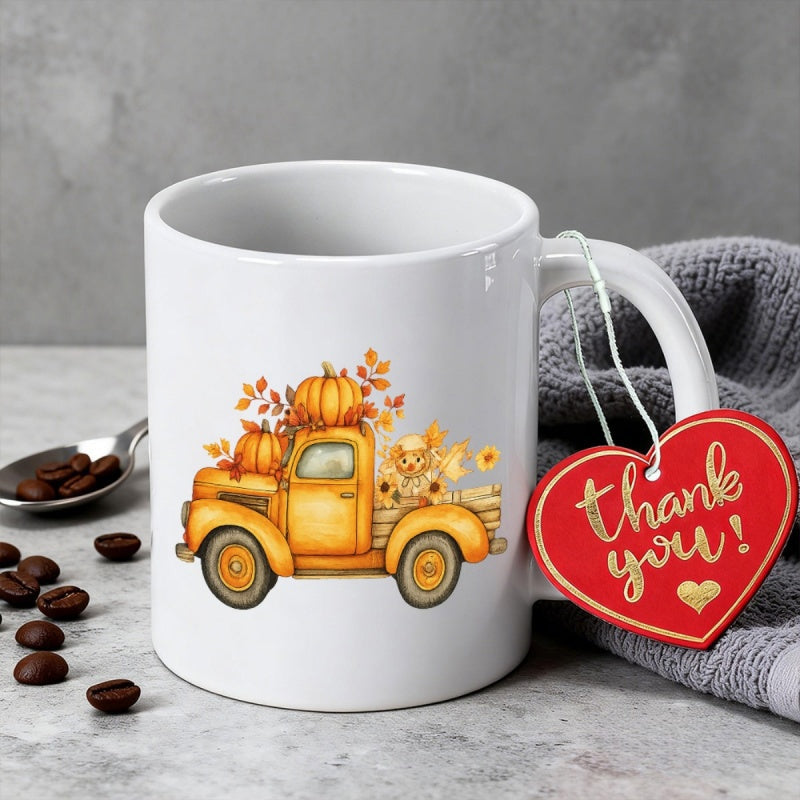 Tailorly White Ceramic 11 oz Mug - Thank You Vintage Yellow Pickup Carrying Ripe Orange Pumpkins Among Falling Autumn Leaves Truck