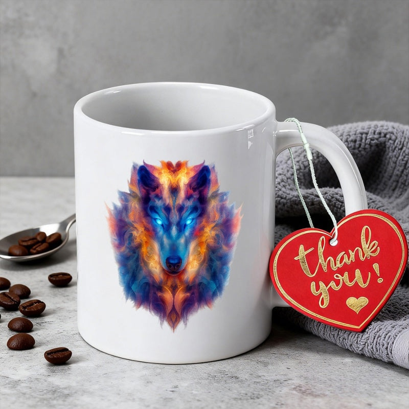 Tailorly White Ceramic 11 oz Mug - Thank You Vibrant Abstract Head With Glowing Blue Eyes And Fiery Colorful Fur Wolf