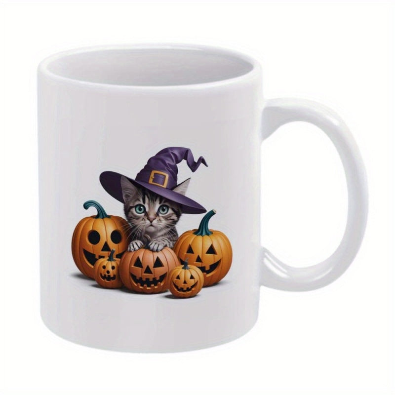 Tailorly White Ceramic 11 oz Mug - Adorable Grey Kitten Wearing Purple Witch Hat Among Smiling Spooky Halloween Pumpkin Cat