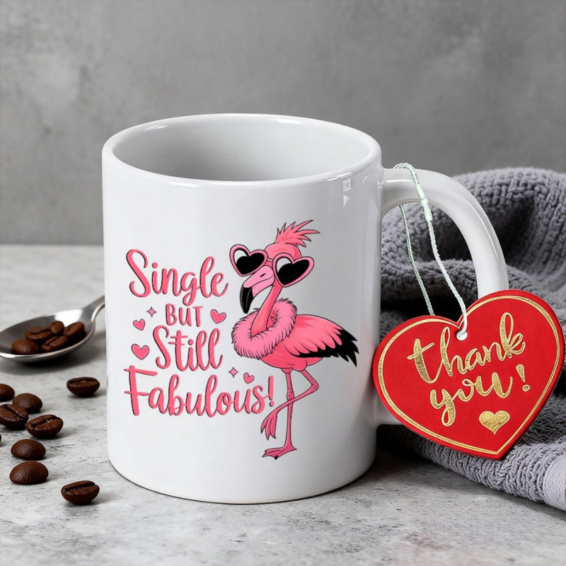 Tailorly White Ceramic 11 oz Mug - Single But Still Fabulous Vibrant Pink Flamingo Wearing Heart Shaped Sunglasses Among Decorative Hearts Flamingo