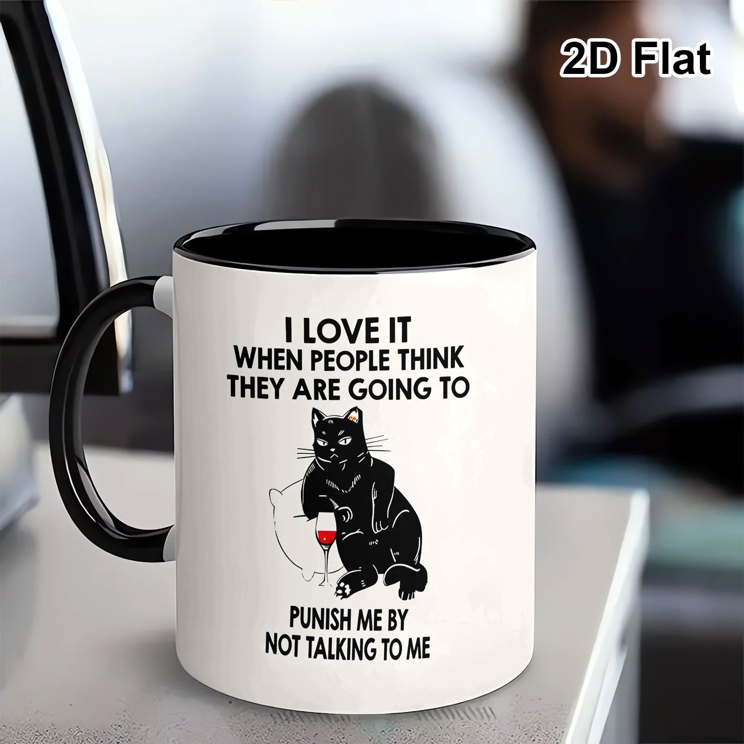 Tailorly Black Accent 11 oz Mug - funny cat with wine and slogan "i"