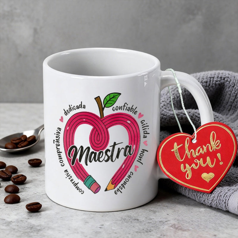 Tailorly White Ceramic 11 oz Mug - Thank You Heart Shaped Red Pencil Forming A Creative Gift School Apple