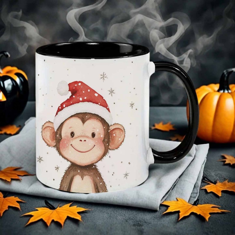 Tailorly Black Accent 11 oz Mug - watercolor style christmas monkey