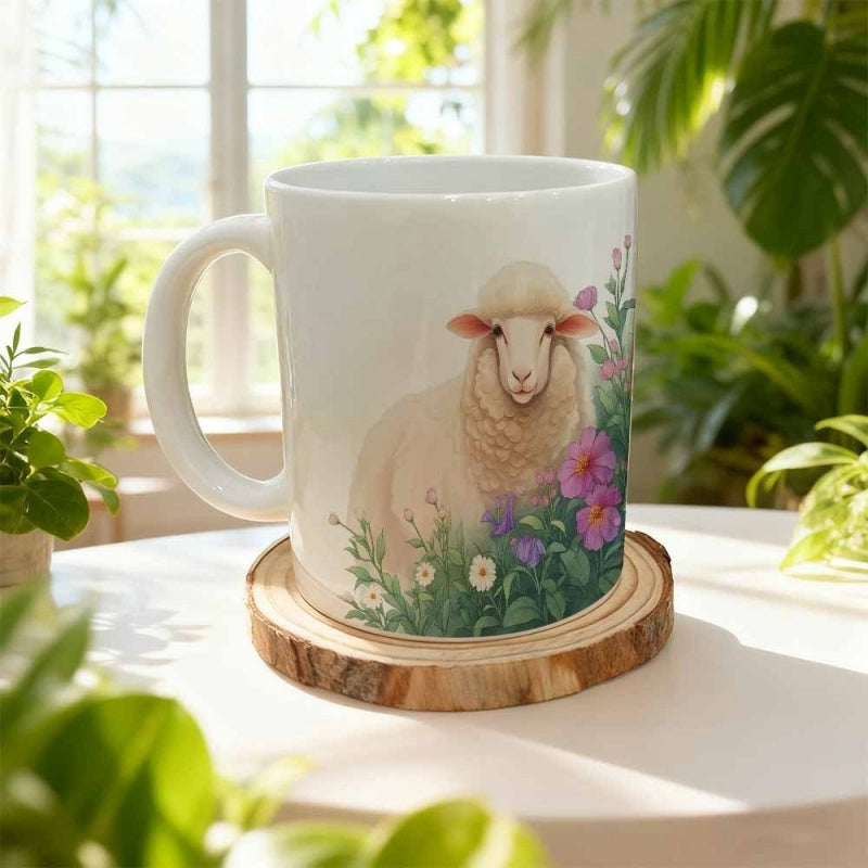 Tailorly White Ceramic 11 oz Mug - Soft Fluffy Wool Among Pink Flowers And Lush Green Foliage Sheep