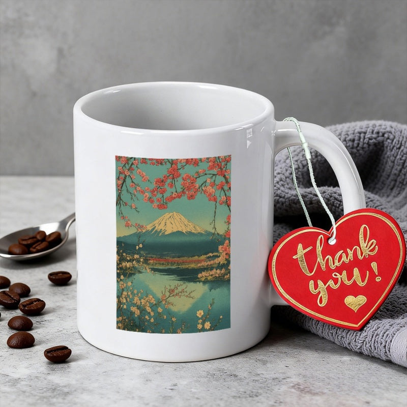 Tailorly White Ceramic 11 oz Mug - Thank You Traditional Japanese Scenery With Snow Capped Mountain Peak And Cherry Blossoms Mount Fuji