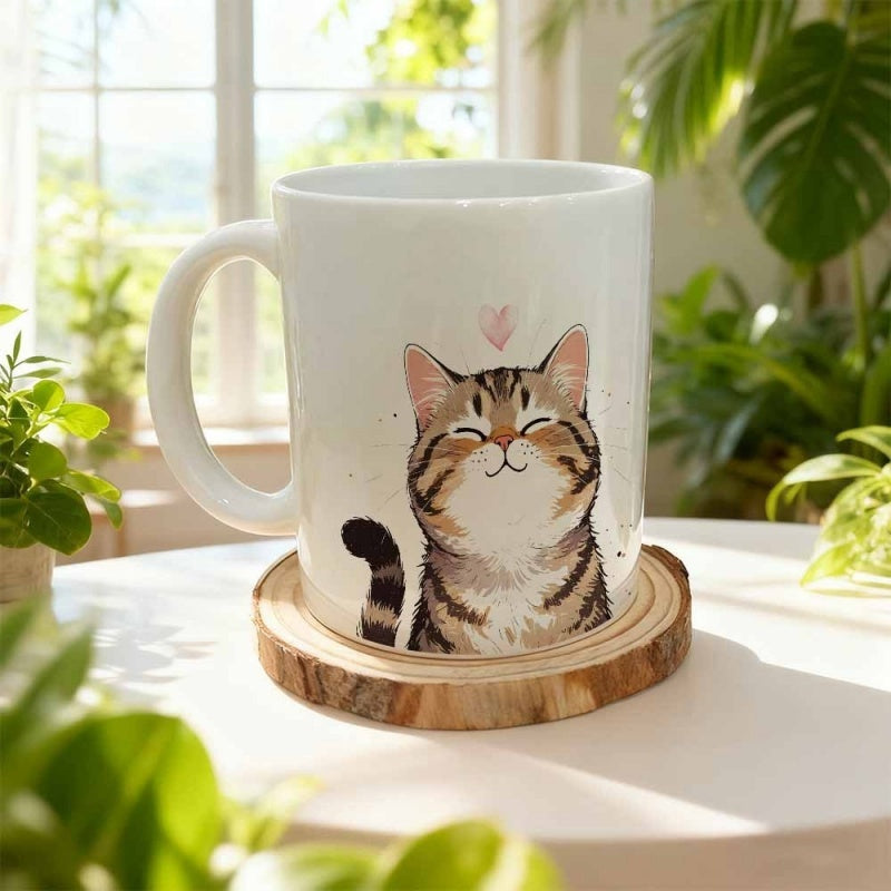 Tailorly White Ceramic 11 oz Mug - Adorable Smiling Brown Tabby With Small Heart Under Bright Indoor Sunlight Cat