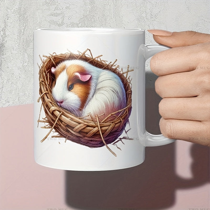 Tailorly White Ceramic 11 oz Mug - Adorable Small Rodent Sleeping Snugly Inside A Natural Woven Nest Guinea Pig