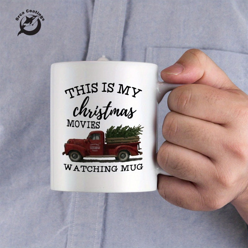 Tailorly White Ceramic 11 oz Mug - This Is My Christmas Movies Watching Mug Vintage Red Retro Vehicle Carrying A Green Holiday Tree Truck