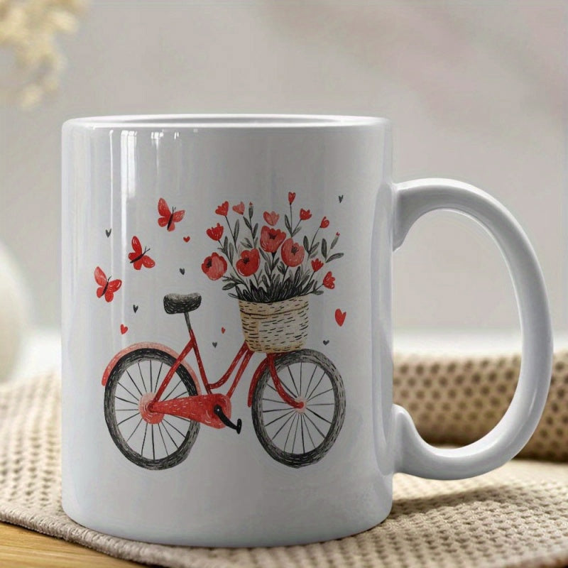 Tailorly White Ceramic 11 oz Mug - Red Vintage Style With Wicker Basket Full Of Roses And Butterflies Bicycle