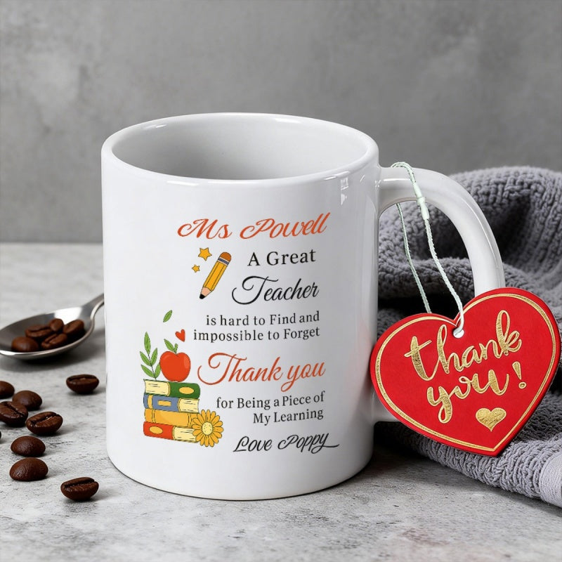 Tailorly White Ceramic 11 oz Mug - Ms Powell A Great Teacher Thank You For Being A Piece Of My Learning Love Poppy Stacked Books With Red Apple And Pencil Under