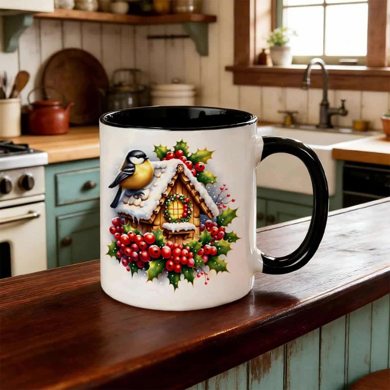 Tailorly Black Accent 11 oz Mug - winter birdhouse