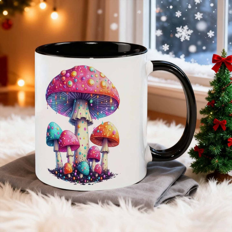 Tailorly Black Accent 11 oz Mug - fantasy illustration of mushroom
