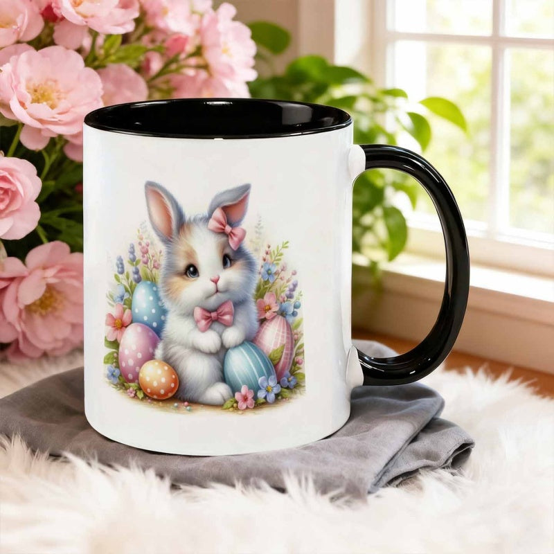 Tailorly Black Accent 11 oz Mug - adorable rabbit with a cluster of colorful eggs