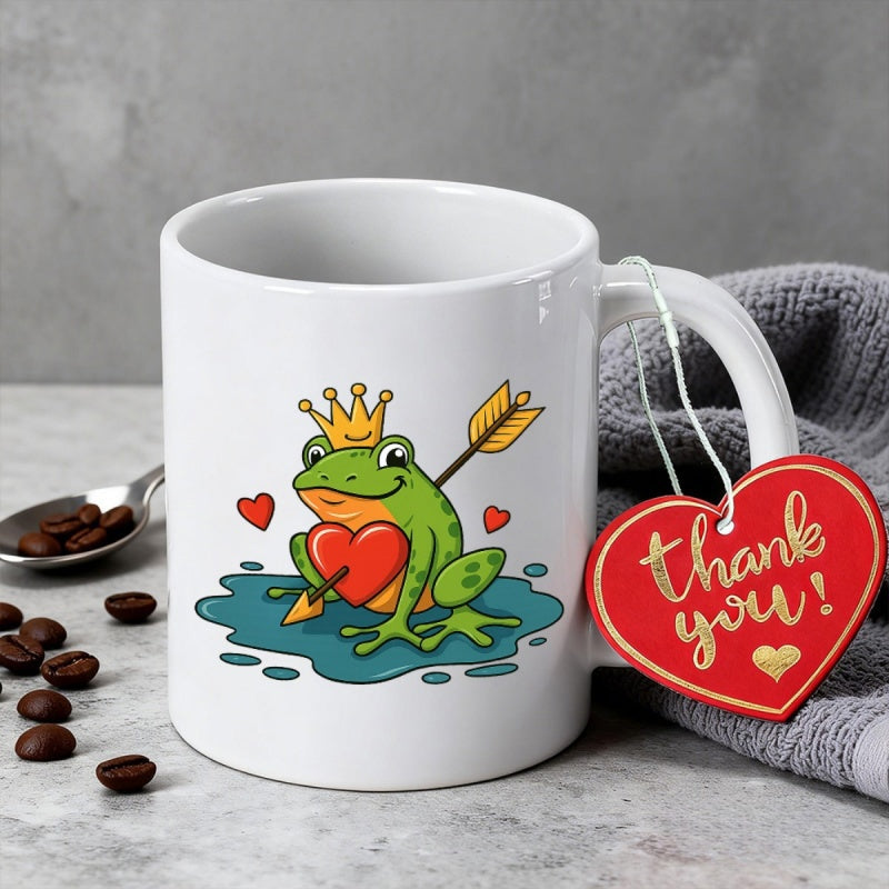 Tailorly White Ceramic 11 oz Mug - Thank You Charming Green Wearing Golden Crown Holding Red Heart Arrow Frog